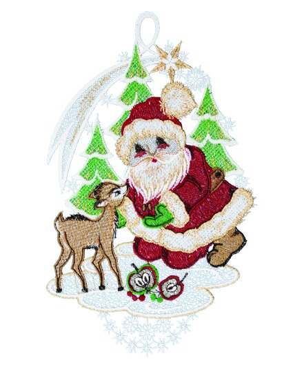 Fensterbild "Weihnachtsmann mit Rehkitz", farbig, 16 x 28 cm, Plauener Spitze