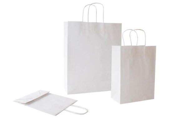 Papiertragetasche mit Kordel Weiß / Bianco, 100 g/qm, 18 + 8 x 24 cm, verschiedene Mengen